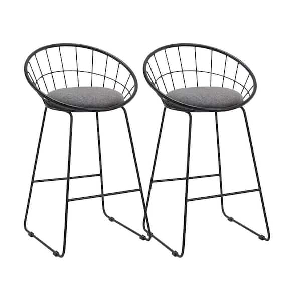 HomeRoots 26 in. Gray and Black Low Back Metal Counter Height Bar Chair with Fabric Seat Set of 2