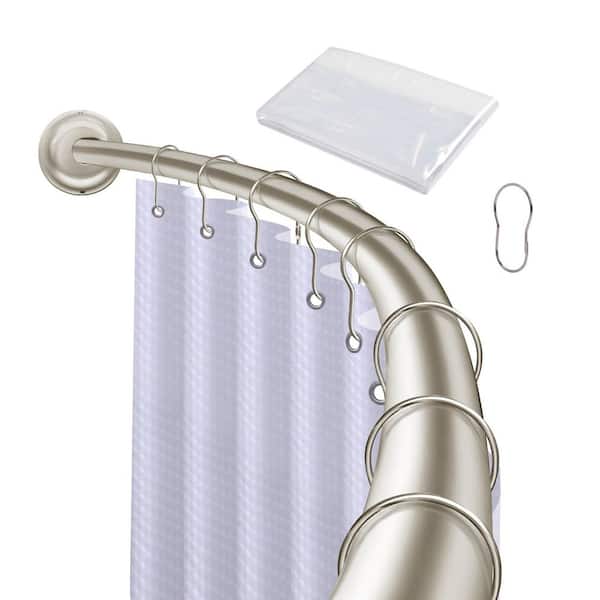 72 in. Aluminum Rustproof Adjustable Wall Mounted Single Curved Shower Rod, with Shower Rings and Liner, Brushed Nickel