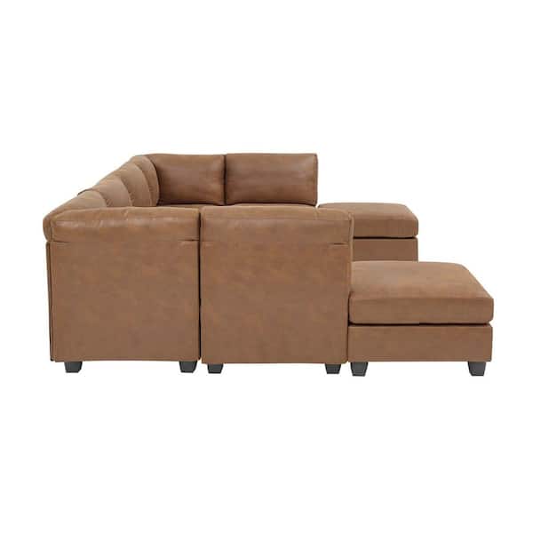 Nina Modern 120 in. 8-Piece Faux Leather Modular Sectional Sofa in. Brown with 2 Ottomans Removable Cushions