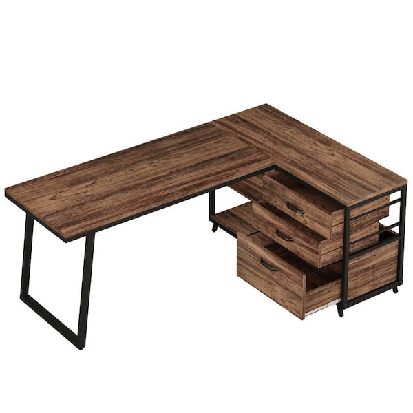 BYBLIGHT Lanita 53.1 in. Reversible L Shaped Desk Brown and Black Engineered Wood 3-Drawer Computer Desk for Home Office