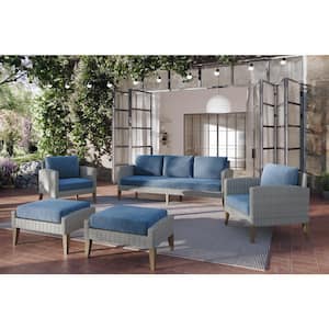 New Classic Furniture Carezza 5-Piece Wood Patio Conversation Seating Set with Dark Blue Cushions