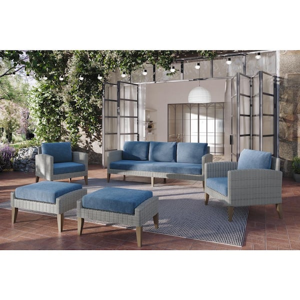 New Classic Furniture Carezza 5-Piece Wood Patio Conversation Seating Set with Dark Blue Cushions