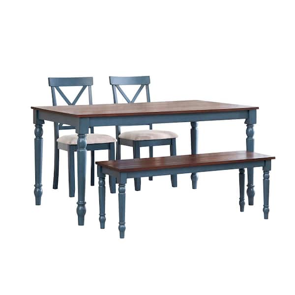 Vifah Lafayette 4-Piece Clay Blue Frame and Walnut Wood Top Dining Room Set Seats 4