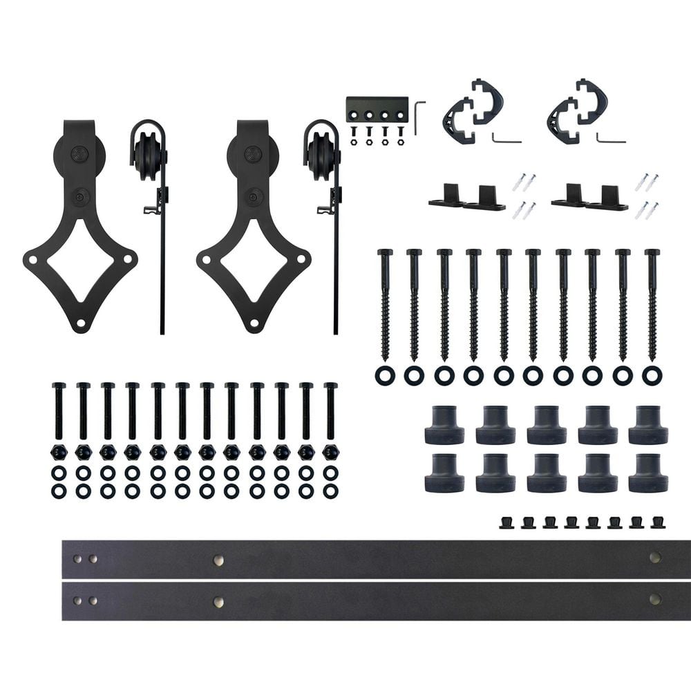 14 ft./168 in. Black Rustic Non-Bypass Sliding Barn Door Hardware Kit Diamond Design Roller for Double Doors price history on PriceWatchPro
