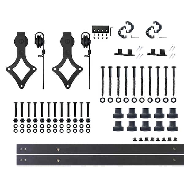 HOMACER 14 ft./168 in. Black Rustic Non-Bypass Sliding Barn Door Hardware Kit Diamond Design Roller for Double Doors