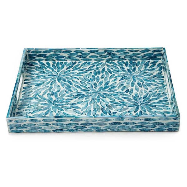 Unbranded Blue Lacquer Mother of Pearl Inlay Mosaic Serving Tray (15.7 in. x 11.8 in. )