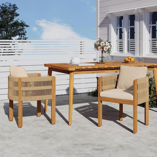 Sudzendf Teak Acacia Wood Outdoor Dining Chair with Beige Cushions and Rope Handles 400 lbs Capacity (2-Pack)