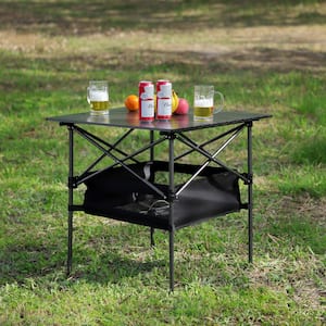 Metal Outdoor Folding Dining Table with Carrying Bag Lightweight Aluminum Roll-up Square Table Black Easy to Carry