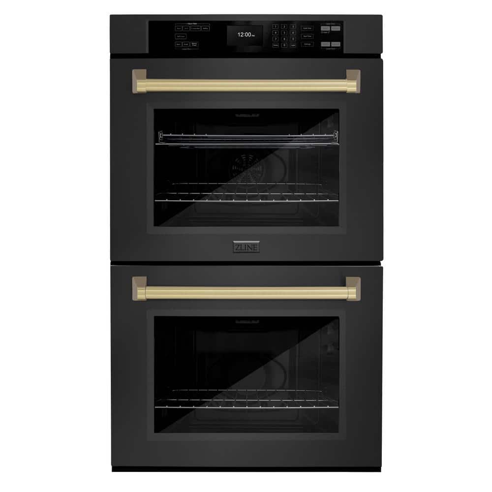 Autograph Edition 30 in. Double Electric Wall Oven with True Convection in Black Stainless with Champagne Bronze Handles
