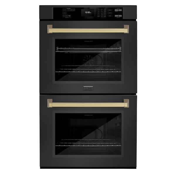 ZLINE Kitchen and Bath Autograph Edition 30 in. Double Electric Wall Oven with True Convection in Black Stainless with Champagne Bronze Handles