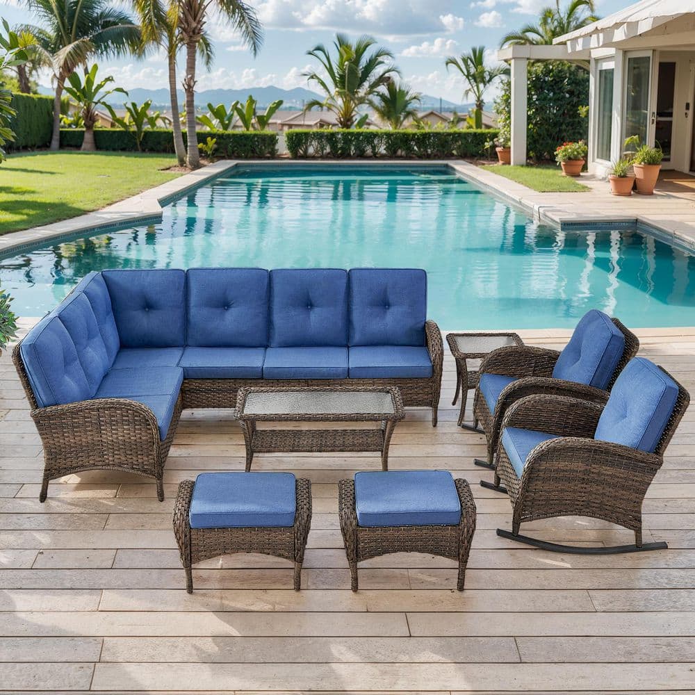 SleekArm 8-Piece Brown Wicker Outdoor Sectional Set with Olefin Blue Cushions and L-Shaped Sofa/Rocking Chairs price history on PriceWatchPro