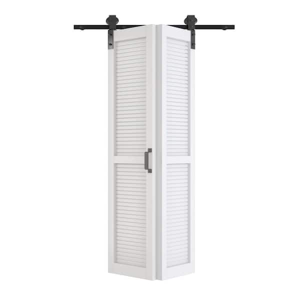 42in x 84in Louvered Panel, White, MDF, Bi-Fold Style, Pre-assembled Panel Sliding Barn Door with Hardware Kit