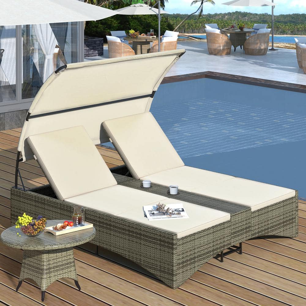 Composite Outdoor Day Bed with Shelter Roof, Cushions, Adjustable Backrest,