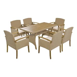 Brown 7-Piece Wicker Rattan Outdoor Dining Table Set with White Cushions and Wood Tabletop