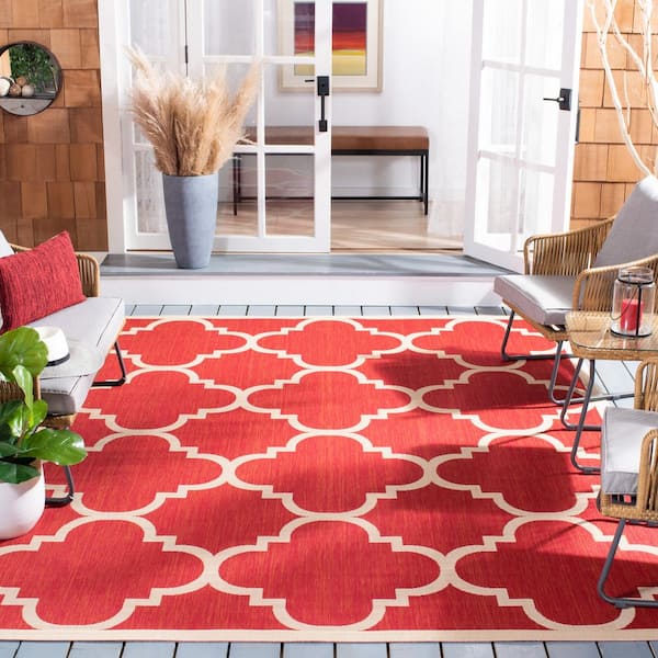Courtyard Red 8 ft. x 10 ft. Border Clover Indoor/Outdoor Area Rug