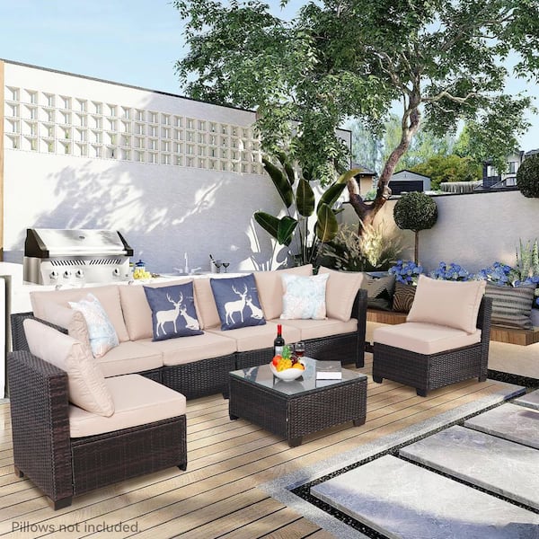 7-Piece Brown Wicker Patio Conversation Set with Khaki Cushions