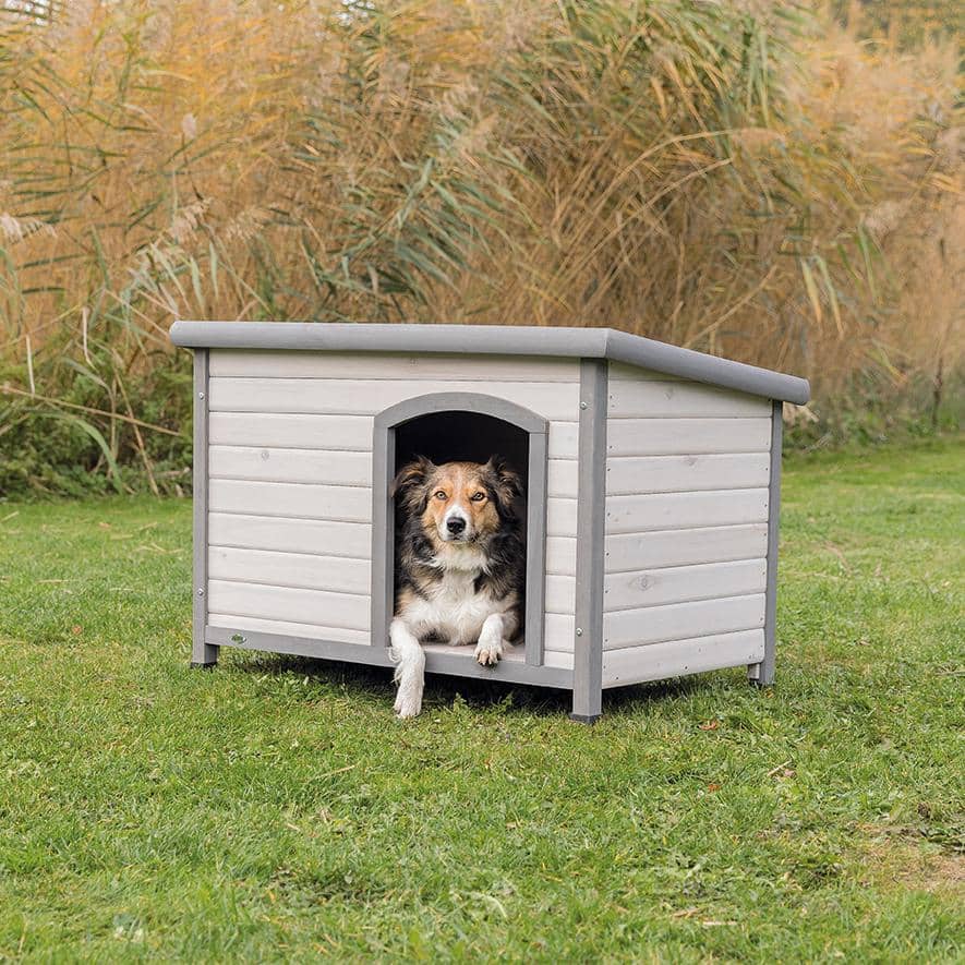 Medium Gray Pine Outdoor Dog House with Hinged Roof