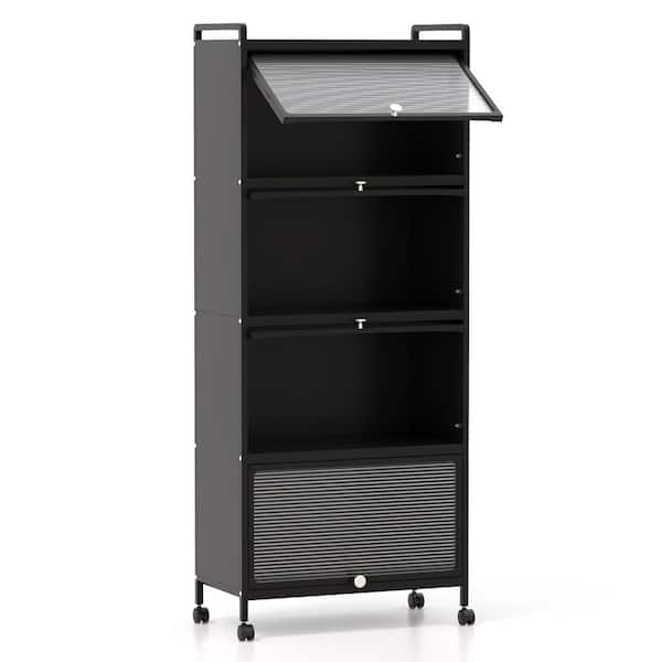 HONEY JOY Black 4-Shelf Metal 23.5 in. W Kitchen Baker's Rack Microwave Stand with Wheels Rolling Storage Cabinet