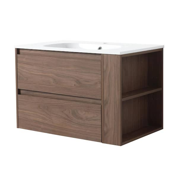 30 in. W x 18 in. D x 20 in. H Wall Mounted Floating Bathroom Vanity in Brown Oak with White Basin Vanity Sink