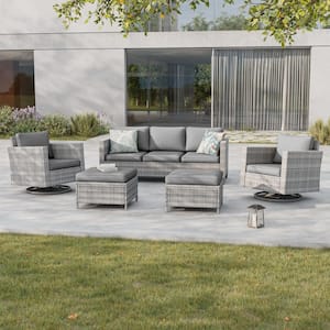 5-Piece Patio Conversation Set Gray Wicker with Swivel Rocking Chair and Gray Thickening Cushions