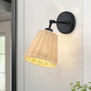 Adella 7.1 in. 1-Light Black Swivel Arm Rattan Wall Sconce