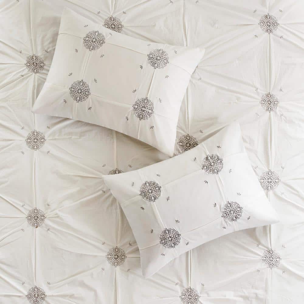 Gray Cotton Reversible King Embroidered Comforter Set
