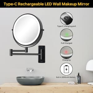 8 in. W Black Round 1X/10X Magnifying Wall Mounted Built-In Battery Makeup Mirror with 3 Colors LED Lights(USB Powered)