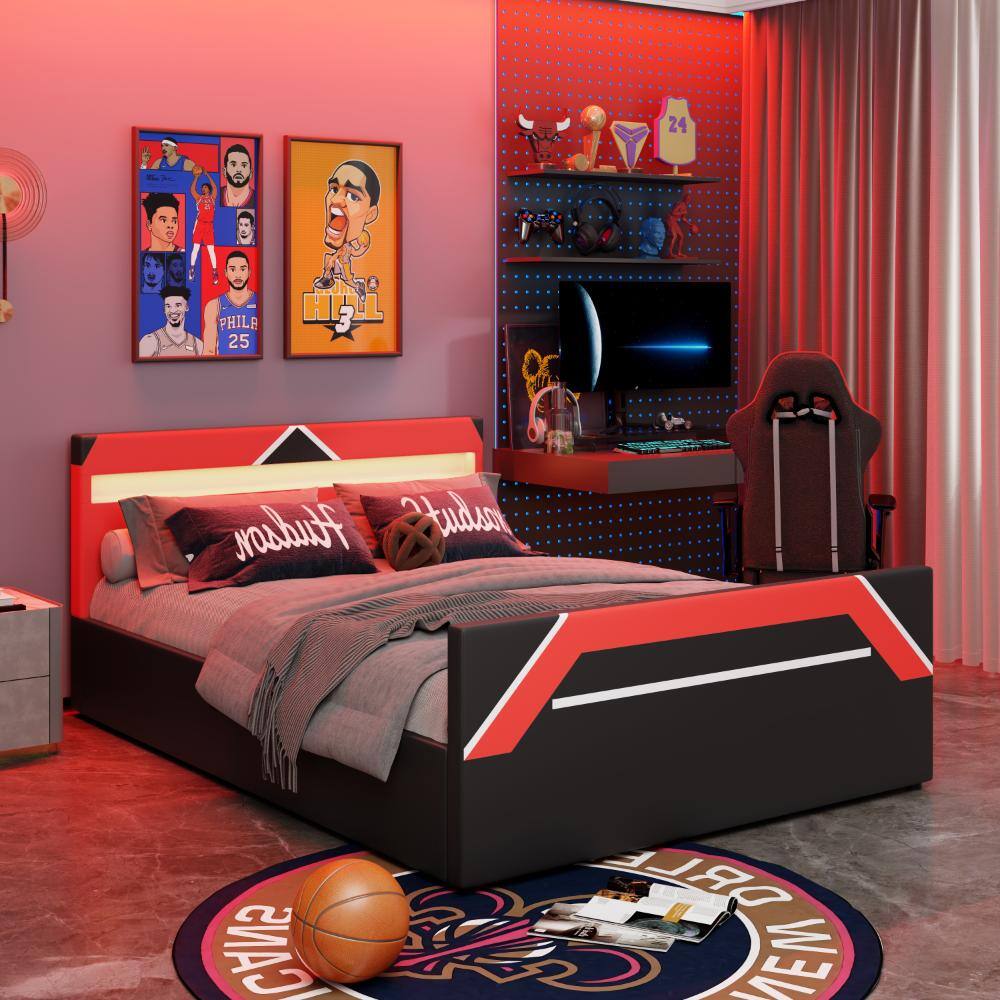 Black+Red Queen Size Gaming Platform Bed with Built-in 7-Color LED Lighting Headboard, Side-Lift Hydraulic Storage price history on PriceWatchPro