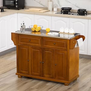 Brown Stainless Steel Top 51.75 in. W Kitchen Island with Drawers and Cabinets