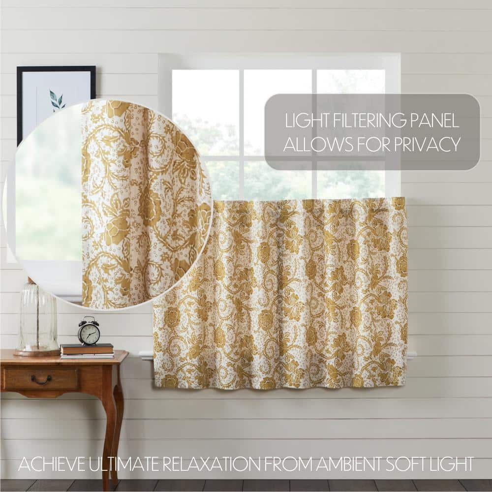Gold Floral Cotton Light-Filtering Tier Kitchen Curtains, 36x36