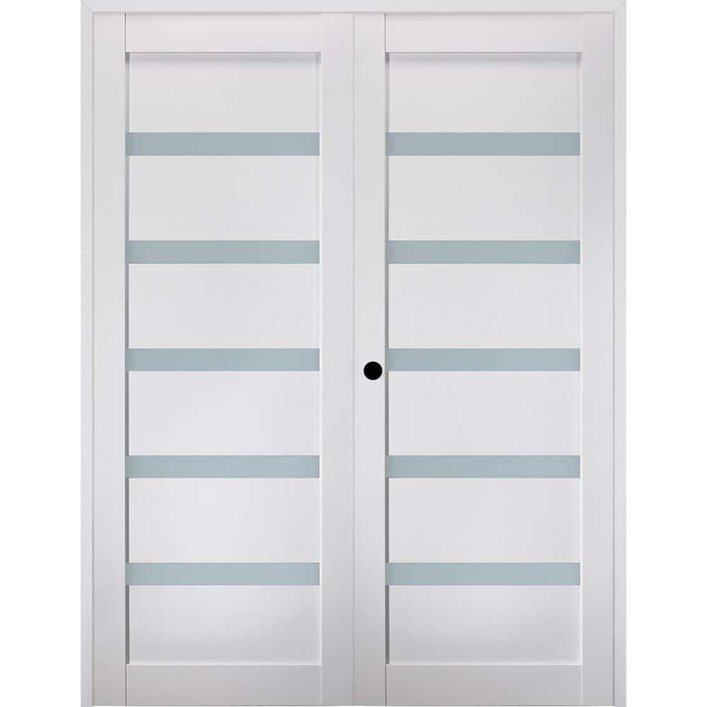 Leora N 56 in. x 80 in. Right Hand Active 5-Lite Frosted Glass Bianco Noble Wood Composite Double Prehung French Door price history on PriceWatchPro