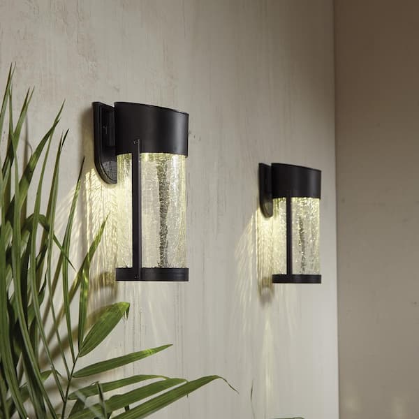 2-Light Black LED Outdoor Solar Wall Lantern Light with Glass