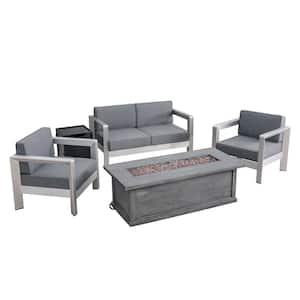 Montauk Silver 5-Piece Aluminum Patio Fire Pit Seating Set with Grey Cushions