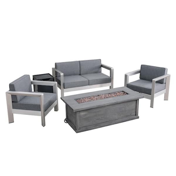 Noble House Montauk Silver 5-Piece Aluminum Patio Fire Pit Seating Set with Grey Cushions