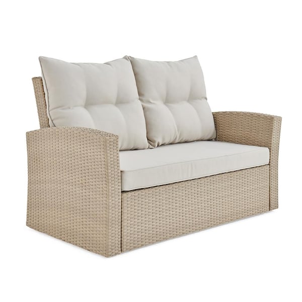 Alaterre Furniture Canaan Beige All-Weather Wicker Outdoor Loveseat with Cream Cushions