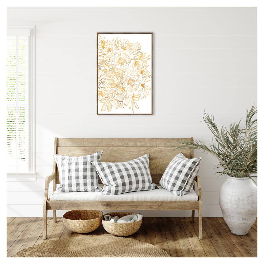 Gold Botanical Rose Beaded Framed Canvas Wall Art
