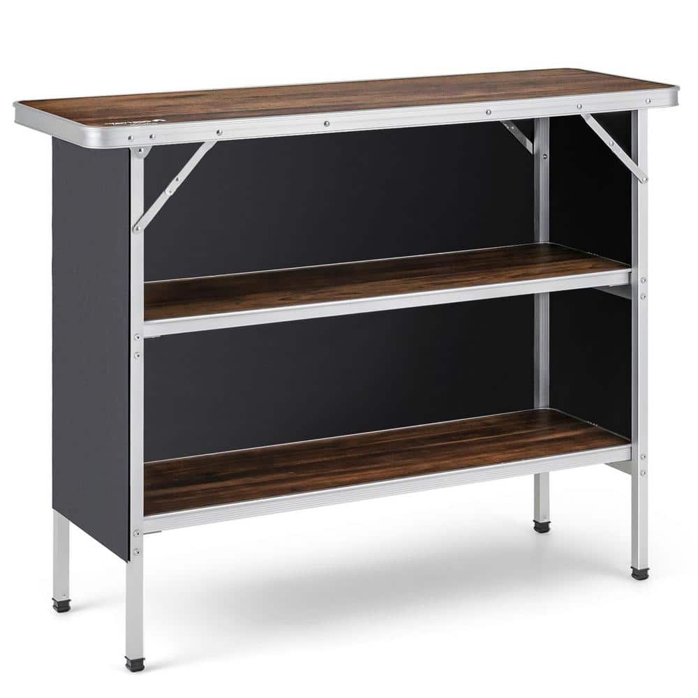 Coffee Metal Folding Camping Table with 2-Tier Open Shelves for Outdoor BBQ