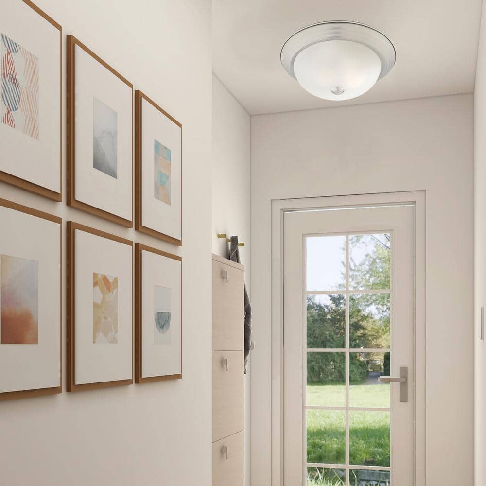 Contemporary Pewter 13'' Flush Mount Ceiling Light with Etched Glass