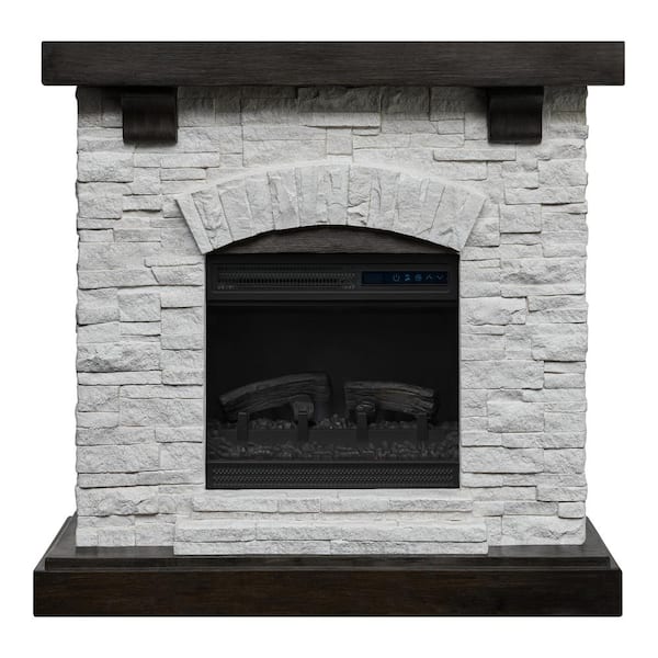 Pembroke 40 in. W Freestanding Faux Stone Infrared Wall Mantel Electric Fireplace in White