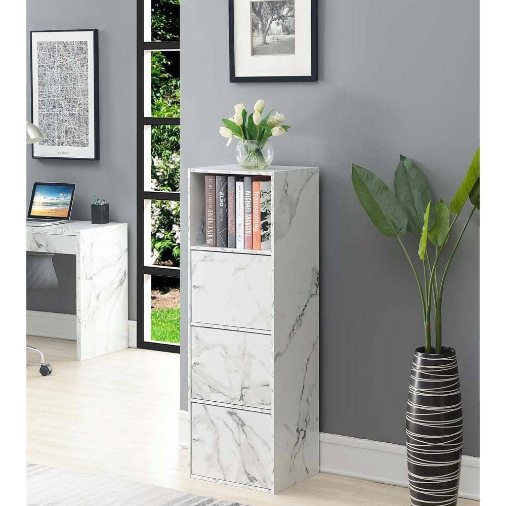 White Faux Marble 3-Door Office Storage Cabinet with Adjustable Shelving