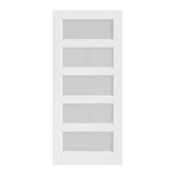 36 in. x 80 in. Solid Core 5-Lite Tempered Frosted Glass White Primed MDF Interior Door Slab without Jamb