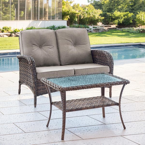 moosprr 2-Piece Brown Wicker Outdoor Loveseat with Gray Cushions and Coffee Table