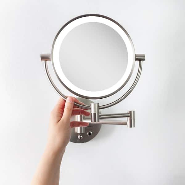 Led Lighted Round Wall Mount Bi View, Lighted Makeup Mirror With Magnifier