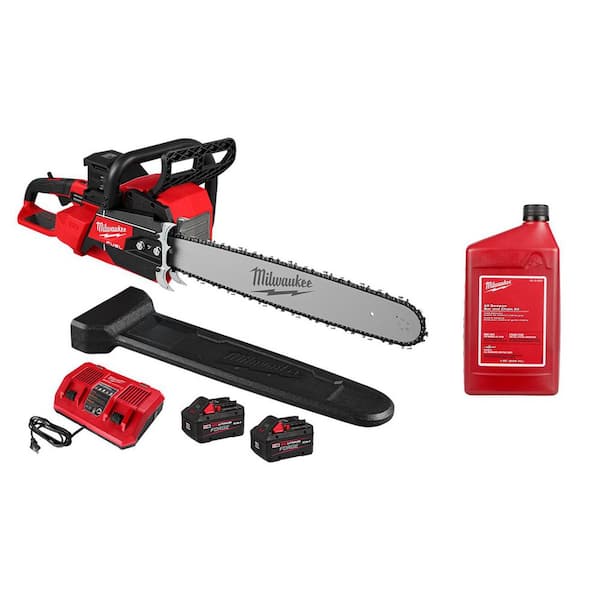M18 FUEL 18V Brushless Cordless 20 in. Dual Battery Chainsaw Kit with (2) 8.0 Ah FORGE Batteries, 1 qt. Bar & Chain Oil