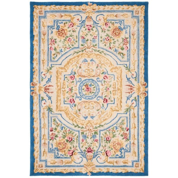 SAFAVIEH Savonnerie Blue/Ivory 4 ft. x 6 ft. Floral Border Area Rug