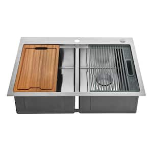 Uptowne 33 in. Drop-In/Undermount 50/50 Double Bowl Stainless Steel Kitchen Sink with Accessories