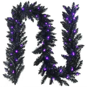 9 ft. Black Battery Operated Pre-lit Halloween Artificial Christmas Garland with 50 Purple LED Lights