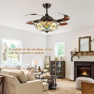42 in. Integrated LED Indoor Brown Tiffany Retractable Ceiling Fan with Light and Remote Included