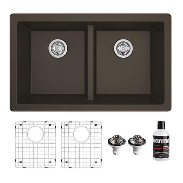 QU-810 Quartz/Granite 32 in. Double Bowl 50/50 Undermount Kitchen Sink in Brown with Bottom Grid and Strainer