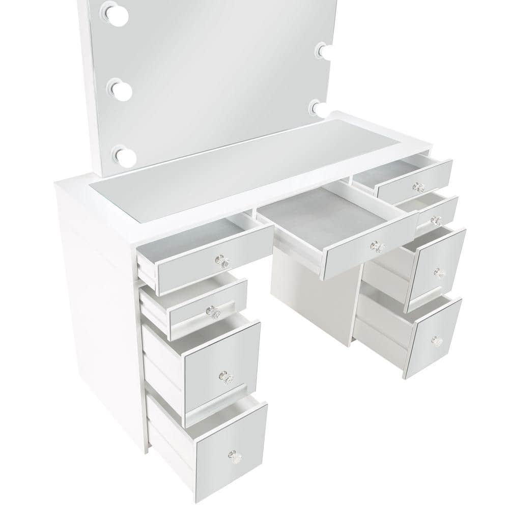 White and Gray Vanity Set with Lighted Mirror and Bench